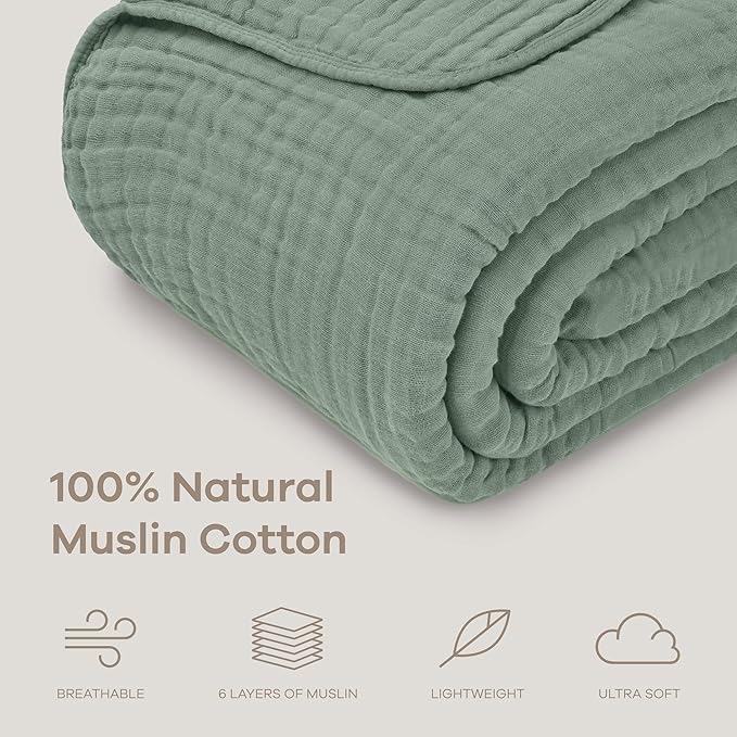 Comfy Cubs Muslin Throw Blanket - 50” x 60” Quilted Design - Lightweight, Breathable 6-Layer Gauze Fabric - Soft Cotton Blanket for Home or Travel - Packaged in Elegant Gift Box - Fern
