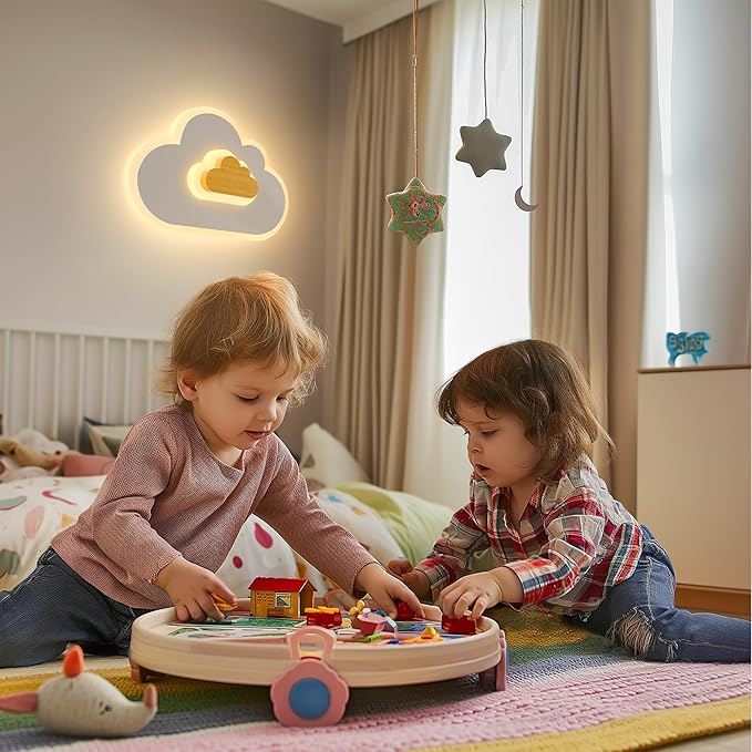 LED Ceiling Light 26W Wood Cloud Cartoon Kids Ceiling Light 19.68in Kids Room Light fixtures Ceiling Mount 3000-6500K with nightlight Ceiling Lamps for bedrooms Girl Boy Nursery Toys Room