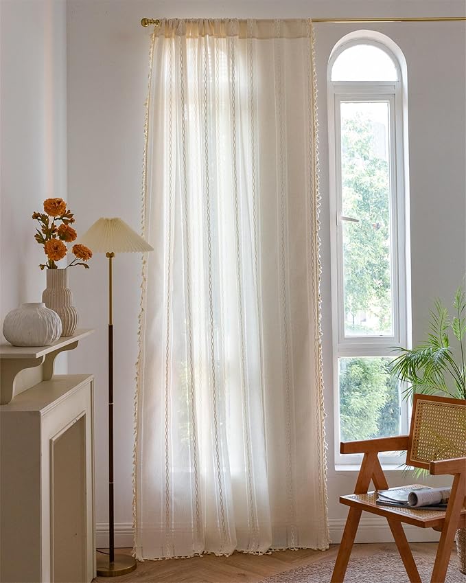 Deeprove Ivory Boho Curtain 63 Inches Length for Kitchen Closet Cafe Decor, Bohemian Hollow Chic Style Tassels, Vintage Farmhouse Country French Window Treatment Drape, Rod Pocket, 1 Panel W52x L63