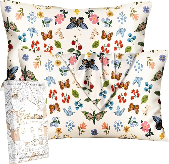 Silk Pillowcase 2 Pack - Pillow Cases 20" x 30" Queen Size Set of 2 for Hair and Skin Smooth Soft Breathable with Hidden Zipper Cooling Pillow Covers for Sleeping, Butterfly Leaf