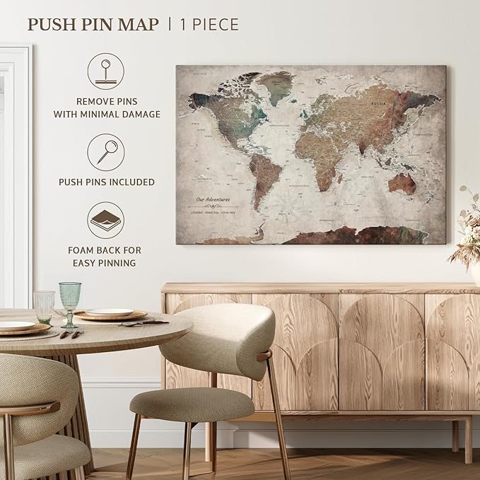 ElephantStock - Our Adventures World Map With Push Pin Iii Wall Art - Horizontal Canvas Wall Art - Living Room Wall Decor - Printmaking Map Canvas Art - Beige And Brown Decor - 39" x 26"