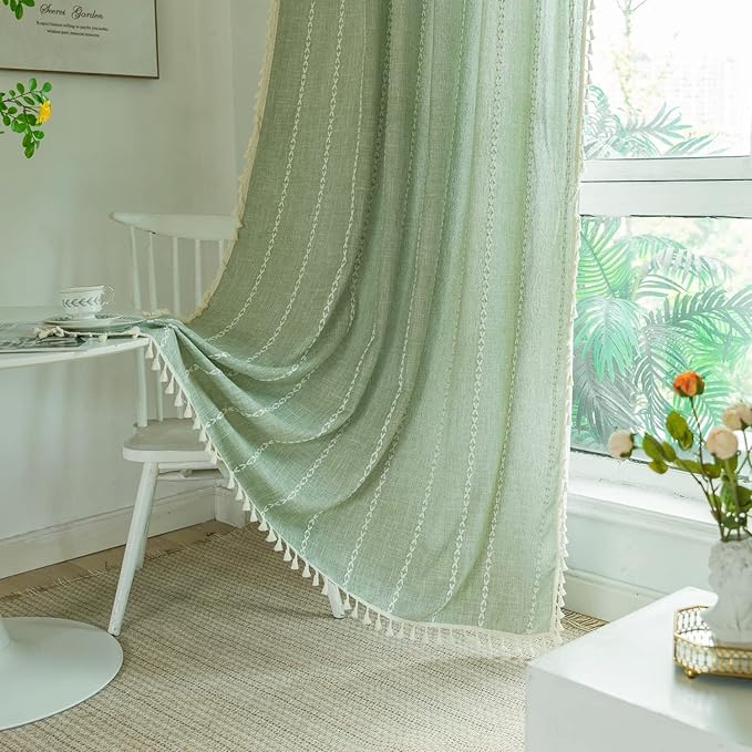 Deeprove Green Boho Curtains 108 Inches Long for Bedroom Living Room Balcony, Bohemian Embroidery Cotton Linen French Country Window Treatment Tassel Drape Extra Long, W52 x L108 1 Panel, Sage