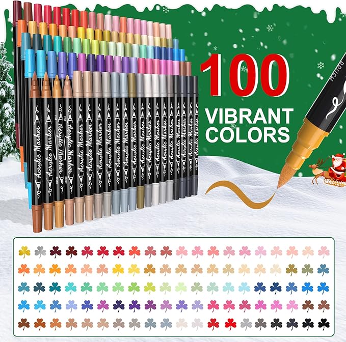 TOSAHRE Acrylic Paint Pens Markers 100 Colors Waterproof Dual Tip Acrylic Markers Set with Brush & Fine Tip Coloring Pens for Rock Painting Wood Scrapbook Fabric Glass Ceramic DIY Craft Art Supplies