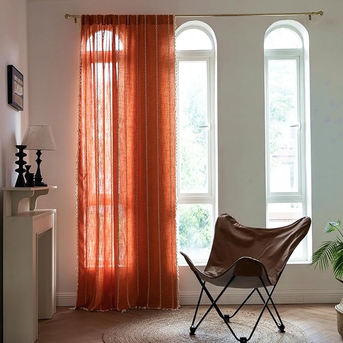 Deeprove Orange Boho Curtains 96 inches Long with Tassel for Bedroom Living Room, Bohemian Embroidery Farmhouse Cotton Linen French Country Window Treatments Fall Halloween Decor, W52 x L96, 1 Panel