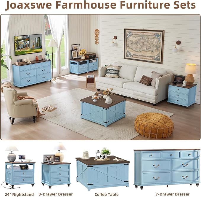 Farmhouse Dresser and Nightstand Sets, Wooden 7 Drawers Dresser & 24" Night Stand with 3 Drawers, 2 Piece Bedroom Furniture Set, Chest of Drawers for Bedroom, Home, Living Room, Hallway