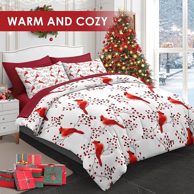 7 Pcs Full Size Christmas Comforter Set with 2 Pillowcases & 2 Shams, Winter Cardinal Bird Bedding for Kids and Adults, Berries Branches Bed in a Bag with Flat Fitted Sheet