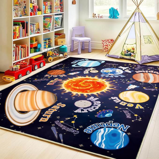 Kids Rugs for Playroom, 4x5 Feet Educational Rug for Learn The ABC Alphabet, Soft Machine Washable Non-Slip Cute Space Galaxy Carpet for Classroom Toddler Nursery Kids Room Decor Mat