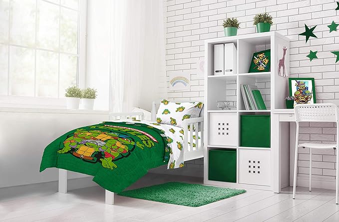Jay Franco Nickelodeon Teenage Mutant Ninja Turtles Green Bricks 4 Piece Toddler Bed Set - Includes Reversible Comforter & Sheet Set Bedding - Super Soft Fade Resistant Microfiber