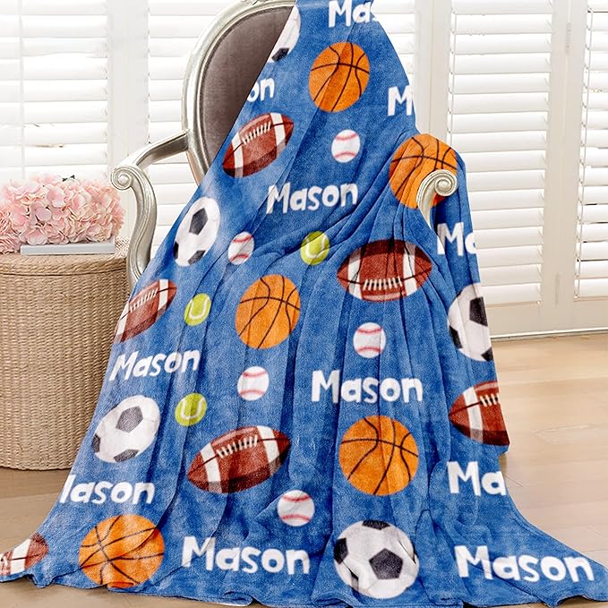 Personalized Ball Blanket with NameforBoysCustom Name BlanketforKids BallSoft Flannel Ball Toddler Blanket CustomizedGiftforBirthday Christmas Baby Shower Newborn Gift 60in X 80in 6-balls-blue