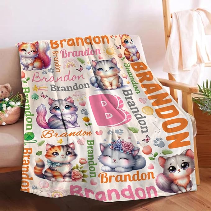Personalized Custom Cat Blanket Gifts for Kids Boys Girls with Name - Customized Cat Super Soft Lightweight Flannel Sheets Decor for Crib Nap Couch - 90"x120" for Whole Family
