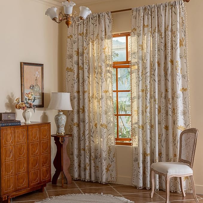 ENJOYBRIDAL Yellow Floral 96 Inch Curtains 2 Panel Set Living Room Long Drapes Bedroom Boho Farmhouse Semi Sheer Window Curtain Panels Rod Pocket Cute Tassel Dining Room Window Treatments