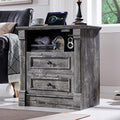 26" Tall 2 Drawers Dresser for Bedroom, Farmhouse 23.6" Wide Large Nightstand with Charging Station, Wood Rustic Side Table w/Roman Column, End Table for Bedroom, Living Room, Light Grey