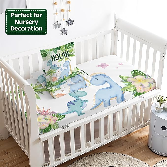 Personalized Baby Crib Bedding Set,3 Piece Custom Name Nursery Set with Blanket, Fitted Sheet & Pillowcase for Baby Girls & Boys, Dino Jungle Theme(Fixed Size)