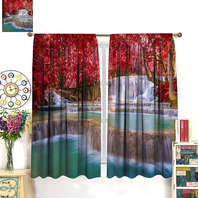Natural Landscape Waterfall Blackout Curtains, Scenic View Waterfall Forest Autumn Window Drapes, for Bedroom Living Room 63" W X 72" L