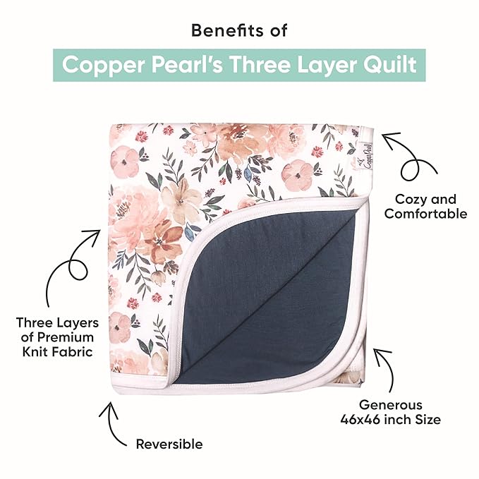 Copper Pearl Three-Layer Baby Blanket: Soft Baby Quilts for Boys and Girls | Breathable, Cozy, Toddler Blanket | Baby Quilt for Newborns | 46x46 Premium Polyester/Rayon | Mabel