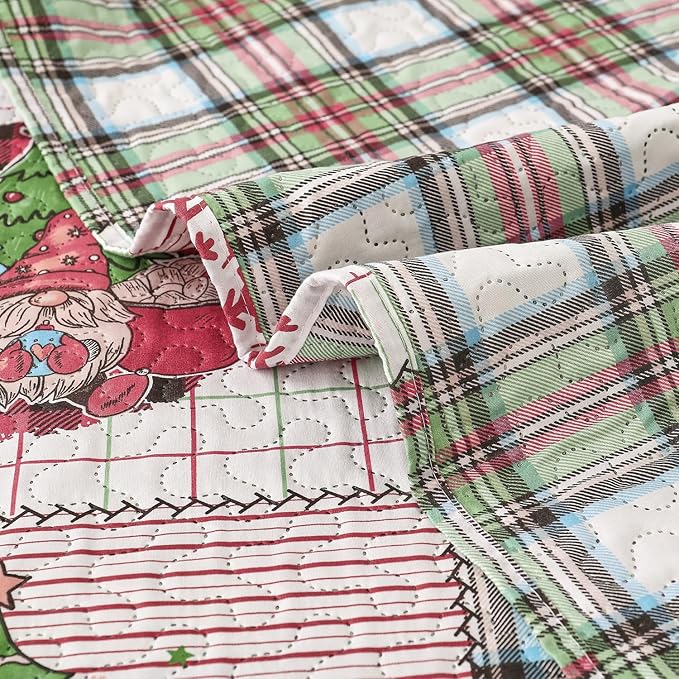 Christmas Bedding Set Queen Quilt Bedspread Coverlet,Plaid Patchwork Christmas Quilt Bedding Holiday Xmas Bedspread Lightweight Reversible Gnome Santa Claus Home Festival Decor