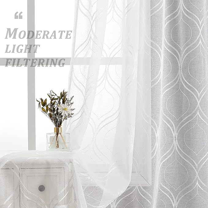 VISIONTEX White Sheer Curtains 84 Inches Long 2 Panels Set Moroccan Embroidered Curtains Trellis Decor French Textured Rod Pocket Voile Tulle Semi Window Drapes for Bedroom Living Room 54 x 84 Inches