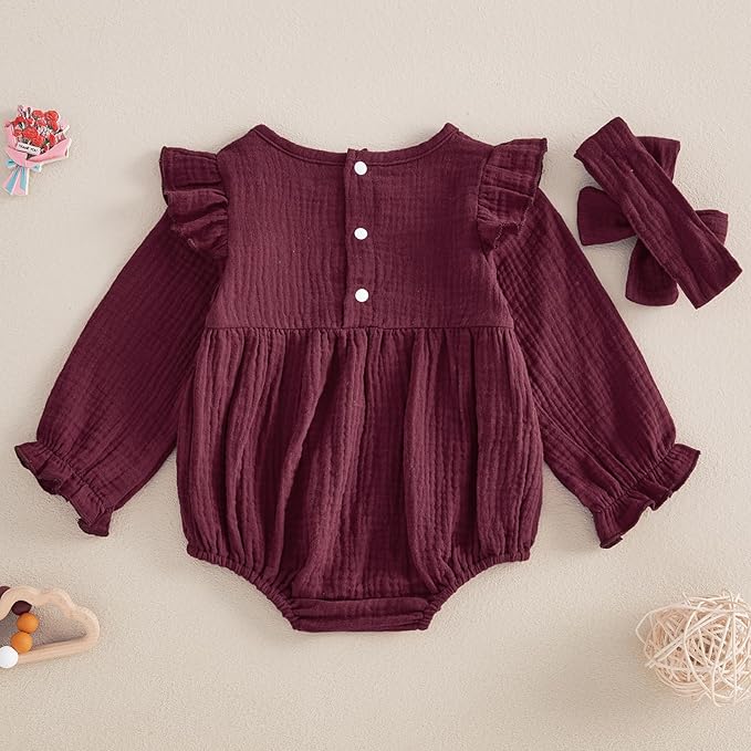 Newborn Infant Baby Girl Clothes Cotton Linen Long Sleeve Smocked Bubble Romper Ruffle Bodysuit Jumpsuit Fall Outfit