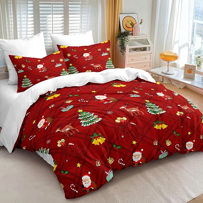 Christmas Duvet Cover Queen Size Red Gingham Christmas Bedding Set 3 Pcs Kids Boys Girls Xmas Grid Checked Cartoon Deer Pattern Comforter Cover with Zipper Closure (No Comforter)