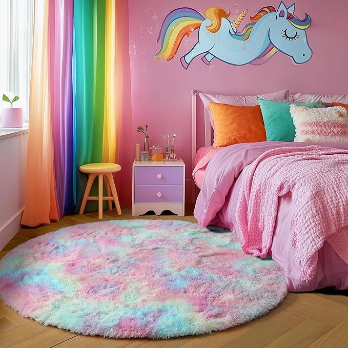 Amdrebio Rainbow Fluffy Round Rug 6Ft Kids Rugs for Girls Bedroom, Unicorn Room Decor, Colorful Pastel Plush Floor Carpet for Playroom Baby Nursery, Cute Shag Kawaii Circle Area Rug for Teen Princess