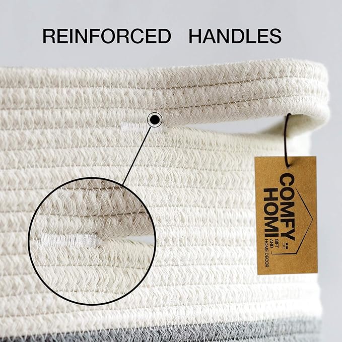 COMFY-HOMI XXXL Large Laundry Basket, Cotton Rope Nursery Woven Basket for Storage, Blanket Baskets Living Room Laundry Hamper, Dog Toy Storage Organizer, Home Decor-21''x21''x13.6''-White and Grey