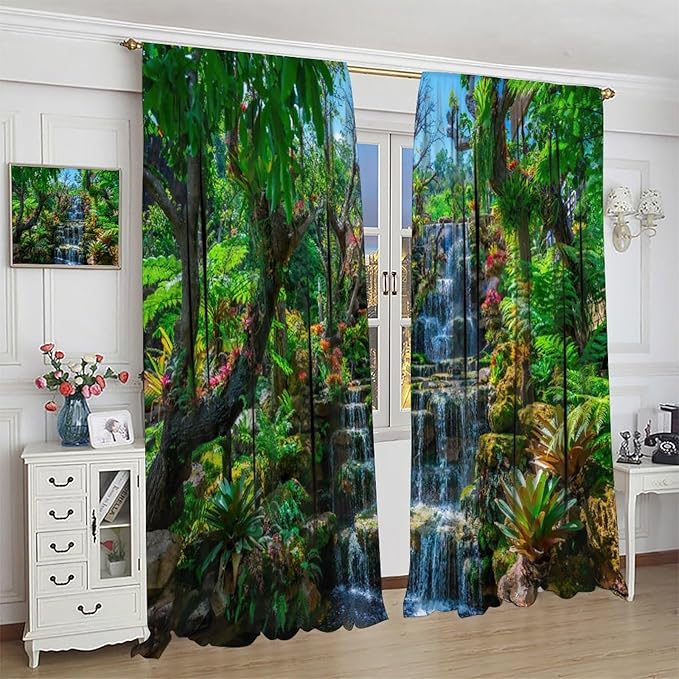 Waterfall Blackout Window Curtains, Spring Forest Nature Landscape Theme Pattern Print Window Drapes, for Living Room Bedroom 52x84in 2 Panels