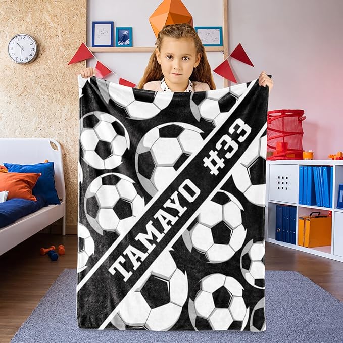 Custom Kids Soft Blanket: Personalized Gift for Soccer Football Basketball Softball Lovers Name and Number - Flannel Toddler Bed Blankets (50X60inch)