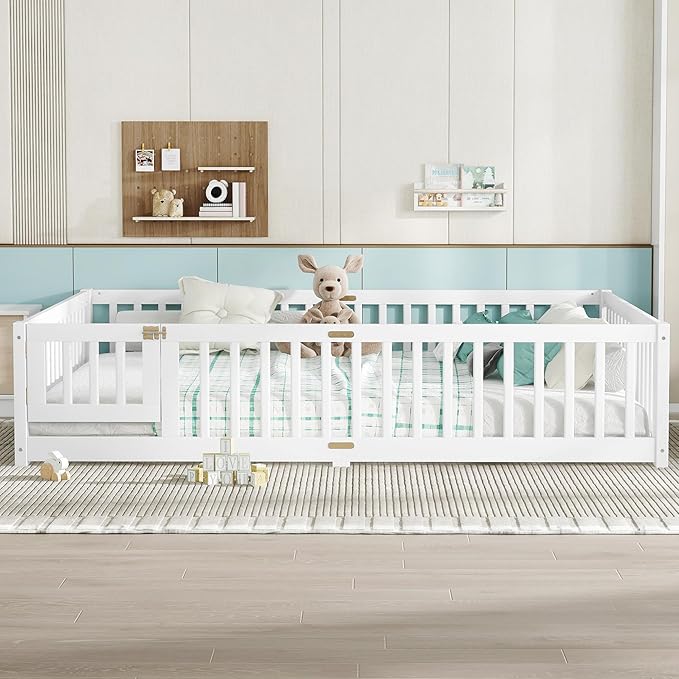 Harper & Bright Designs Queen Floor Bed Frame with Safety High Fence, Wood Montessori Beds with Door, Floor Bed Queen with Solid Wood Support Slats for Boys, Girls, Kids, White