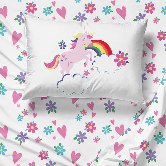 Sunny Side Up Rainbow Unicorns Toddler Sheet Set - 3 Piece Toddler Bedding Set Includes Pillow Cover - Super Soft Floral Hearts Microfiber Sheets