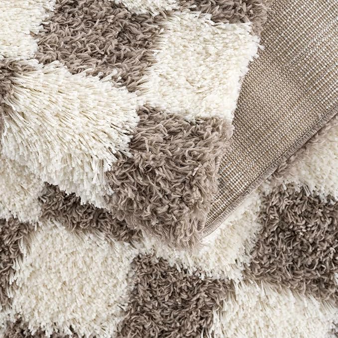 Hauteloom Atira Contemporary Checkered Fluffy Shag Area Rug - Modern Geometric Carpet Tiles for Living Room, Kids Room, Nursery - Plush Pile - Cream,Light Brown - 4' x 6'