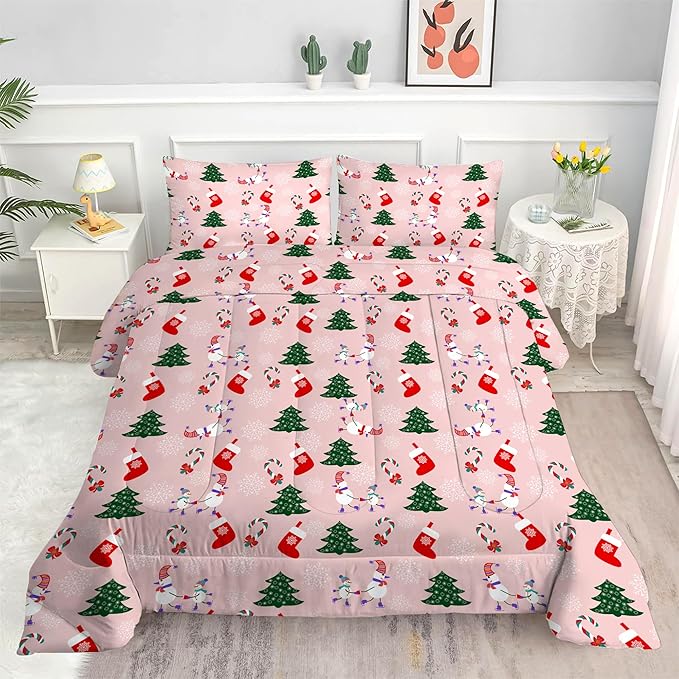 Comforter Set Pink Christmas: King Size Xmas Snowman Bedding Sets Cute Green Christmas Tree Snowflake Candy Cane Quilts Festival Decor Bed Set 1 Comforter & 2 Pillowcases