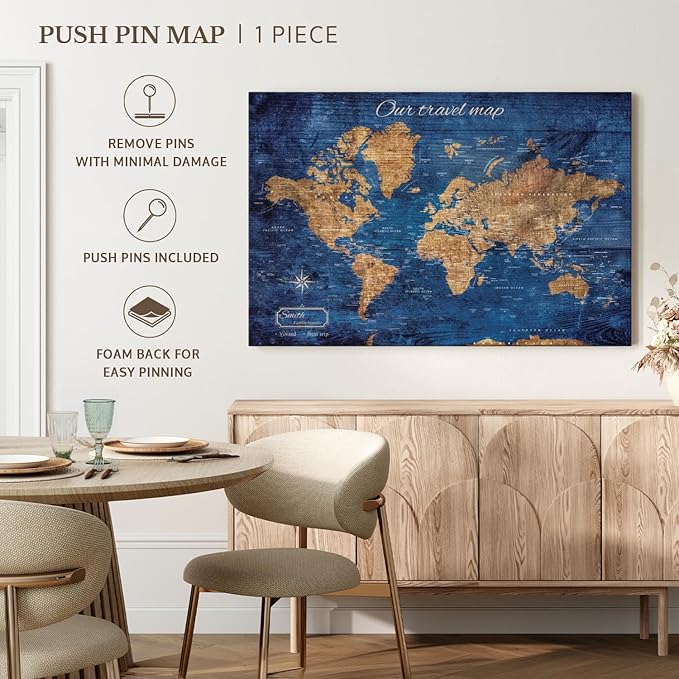 ElephantStock - Personalized Our Travel I Push Pin World Map Wall Art - Horizontal Canvas Wall Art - Living Room Wall Decor - Digital Art Map Canvas Art - Brown And Blue Decor - 39" x 26"
