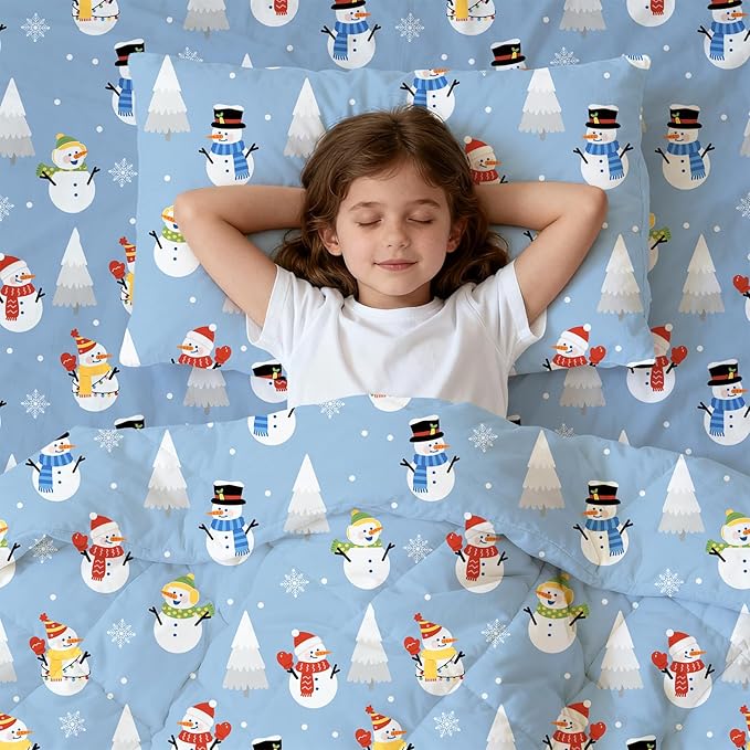 LONAVA Winter Twin Kids Comforter Set - 4 Pieces Twin Bedding Sets for Boys Girls Children, Ultra Soft Microfiber Bed in A Bag with Flat Fitted Sheets, Snowman