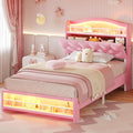 BTHFST Twin Szie Girls Bed with LED Lights & Charging Station, Princess Twin Size Bed Frame with Hidden Storage Headborad, Sturdy Platform Bed, No Box Spring Needed/Noise-Free/Easy Assembly, Pink