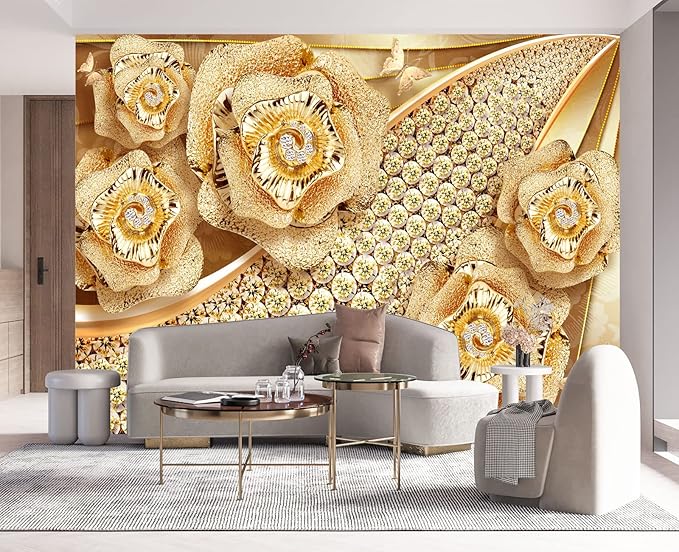 Golden Jewelry Diamond Rose Butterfly Wall Mural Wallpaper for Bedroom 103" x 69"