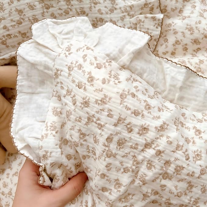 BuLuTu Kids Duvet Cover Soft 2-Layer Cotton Muslin Floral Duvet Cover Beige Comforter Cover Bedding Duvet Protector, 60"x78", Camellia Print (Pillowcases Not Included)