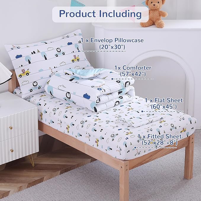 Viviland Animal Car Toddler Comforter Sets, Cute Boys Girls Toddler Bedding Set, Soft Microfiber White Toddler Bed Set