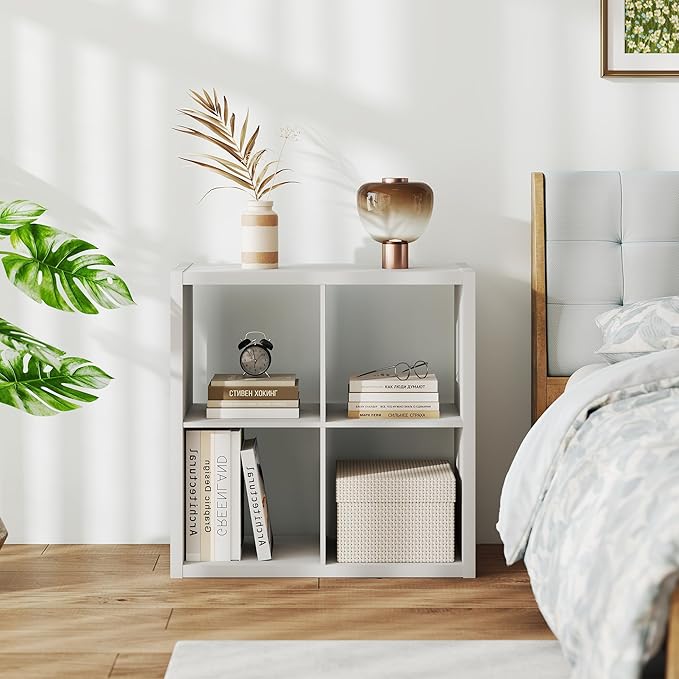 2 x 2 White Cube Storage Organizer, 14.6" x 30" x 30" Wood Cubby Shelf with Four Organized Spaces, Four Cube Organizers Bookcase for Bedroom, Living Room, Playroom, White