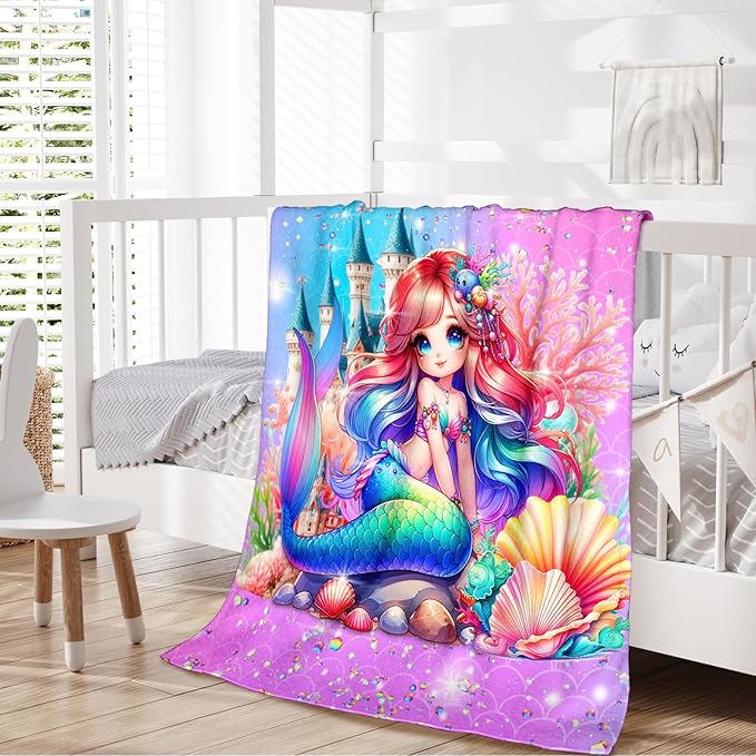 Girls Mermaid Blanket, Throw for Toddlers Kids Mermaid Lovers 30x40 Inches Lightweight Soft Cute Throw Blankets for Sofa Couch Bed Trip