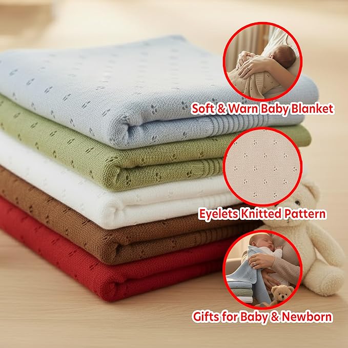 Baby Knit Blanket, 100% Cotton Eyelet Patterns, Soft, Cozy, Lightweight Swaddle for Newborn & Infant Swaddling Beige Neutral, Perfect Baby Shower Ideas Beige 30x40