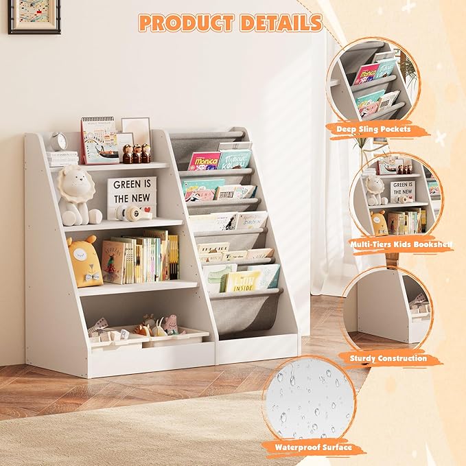 NACHES Montessori Kid Bookshelf White Toddler Bookcase Cabinet Children Book Rack Display Toy Storage Organizer 4 Tier 5 Sling Deep Sleeves Classroom Bedroom Nursery Playroom Wood (White)