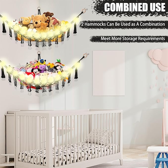 Stuffed Animal Hammock with LED Light, Large Stuffed Animals Storage Corner Plushie Net for Kids Room Decor, Black