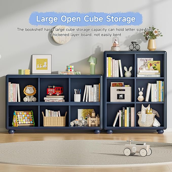 Kids Bookshelf, Large Wooden Bookcase with 6 Cube Storage, Girl Toy Storage Organizer Cabinet with Child Safe Paint&Thick Board, Boy Tall Book Shelves Nook for Office Playroom Living Room (Navy Blue)