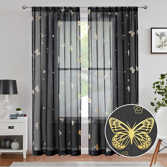 Jubilantex Black and Gold Butterfly Sheer Curtain Panels for Bedroom, Linen Textured Metallic Print Patterned Voile Rod Pocket Curtain Drapes 84 Inch Long for Bedroom, 2 Panels