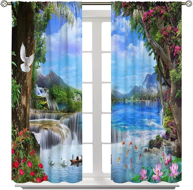 Spring Jungle Waterfall Blackout Window Curtains, Tropical Rainforest Floral Tree Waterfall Landscape Print Window Drapes, for Living Room Bedroom 42x63in 2 Panels
