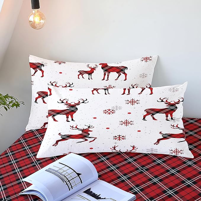 Christmas Duvet Cover Queen Size Red Gingham Christmas Deer Bedding Set 3 Pcs Kids Boys Girls Grid Checked Xmas Snowflake Elk Comforter Cover with Zipper Closure