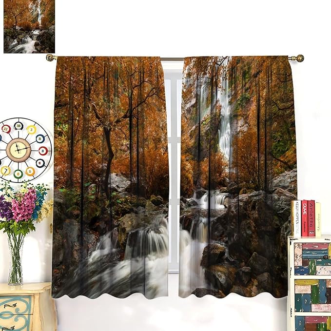 Forest Waterfall Blackout Curtains, Autumn Jungle Mountains Fall Nature Landscape Window Drapes, for Bedroom Living Room 42" W X 63" L