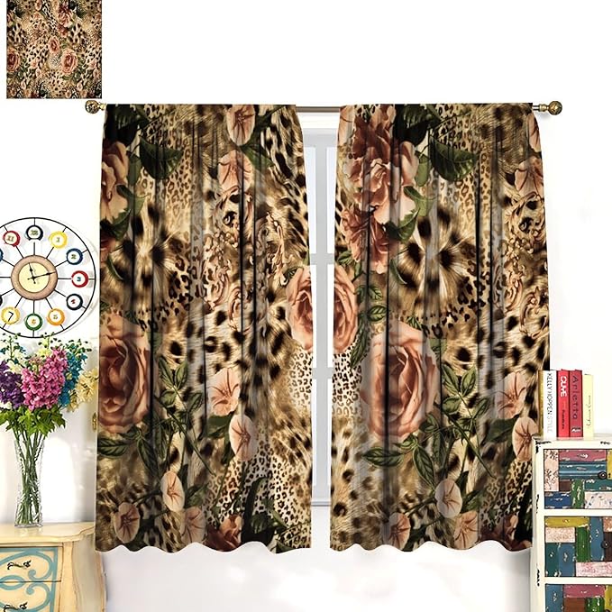 Leopard Floral Blackout Curtains, Cute Boho Floral Cheetah Animal Pattern Safari Natural Theme Window Treatments for Bedroom Living Room 52" W X 84" L
