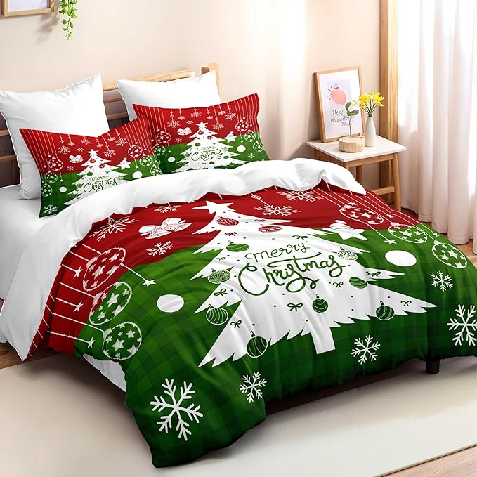 Red Christmas Duvet Cover King Size Green Christmas Tree Gingham Bedding Set Kids Boys Girls Checked Holiday Pattern Comforter Cover 3 Pieces with Zipper Closure (No Comforter)