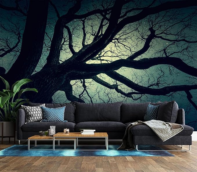 XMPMBM-Magic Forest backsplash Decorative Wallpaper Starry Sky Large Tree Bedroom Bathroom Wall Mural- W 132" X H 92"（93 Square Foot）